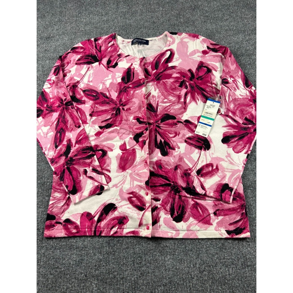 Jones New York Signature Woman 1X Cardigan Sweater Pink Floral Button Up NWT